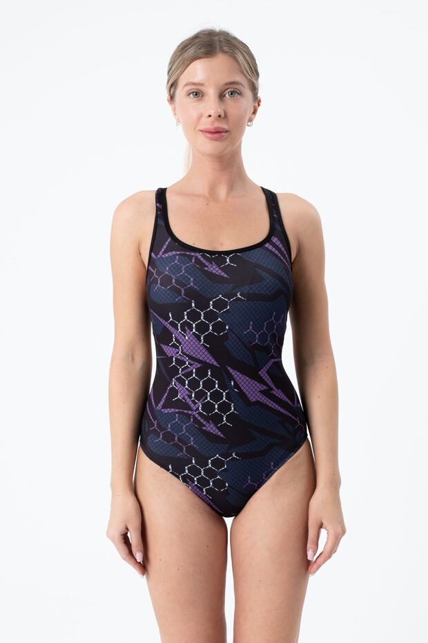 Women's Back Detailed Patterned Swimsuit Slip Purple (with Breast Pad)