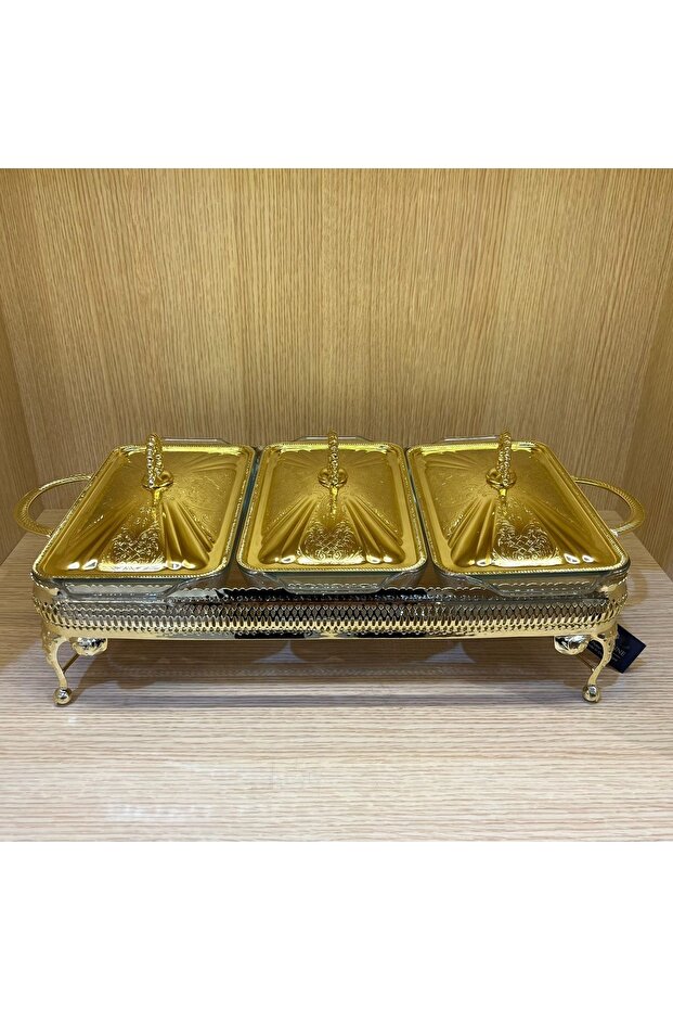 Gold Plated Three Compartment Food Serving with Heater 51 X 26 X 18 Cm