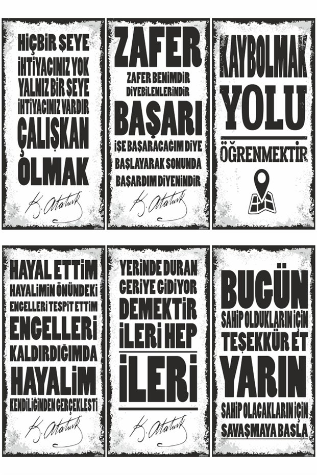 Ataturk Quotes Motivational Wall Writings Set of 6 Mini Retro Wooden Posters