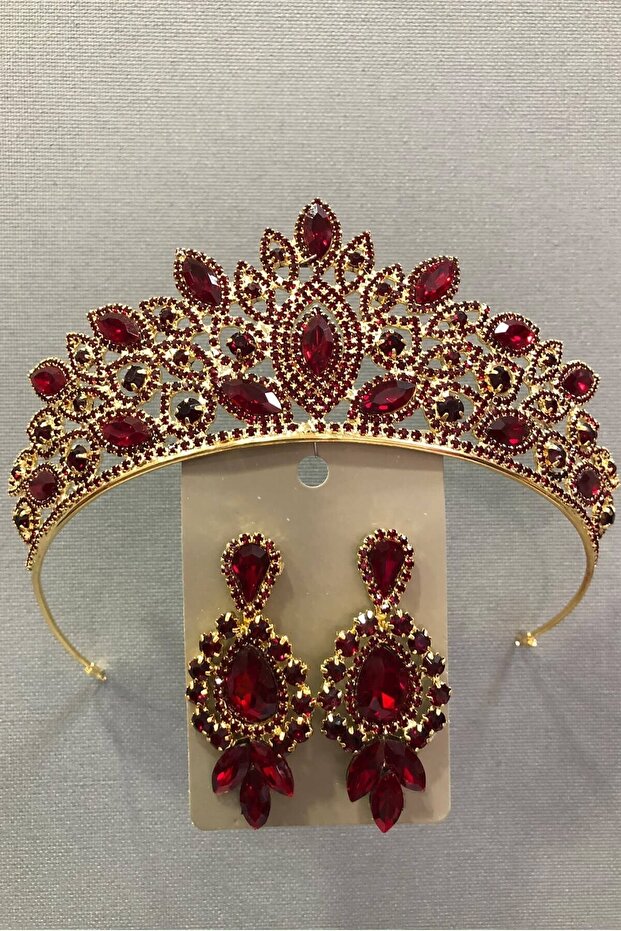 Dark Red Crystal Stone Gold Bridal Crown Henna Crown and Earring Set