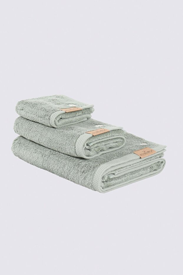Pure Cotton 3-Piece Towel Set 100% Organic Cotton Cloth Bordered Embroidered Green