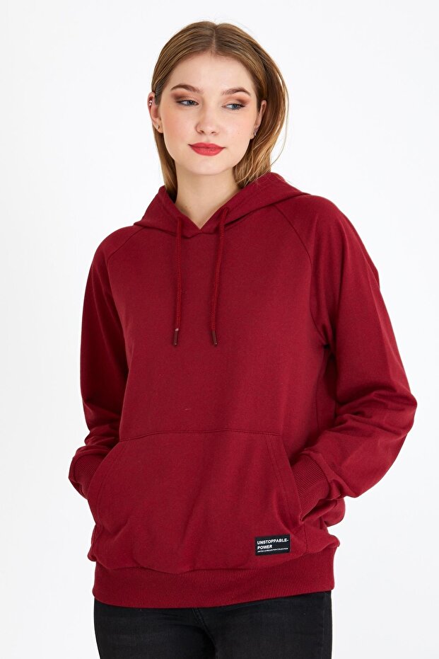 Kadın Bordo Kapüşonlu Basic Örme Sweatshirt - 1