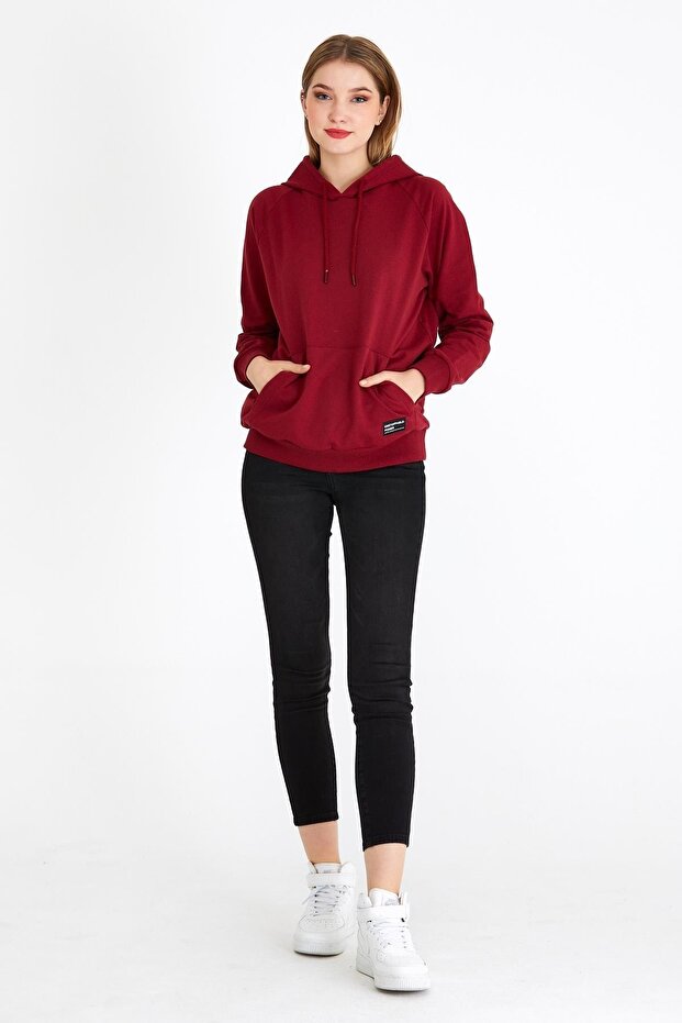 Kadın Bordo Kapüşonlu Basic Örme Sweatshirt - 4
