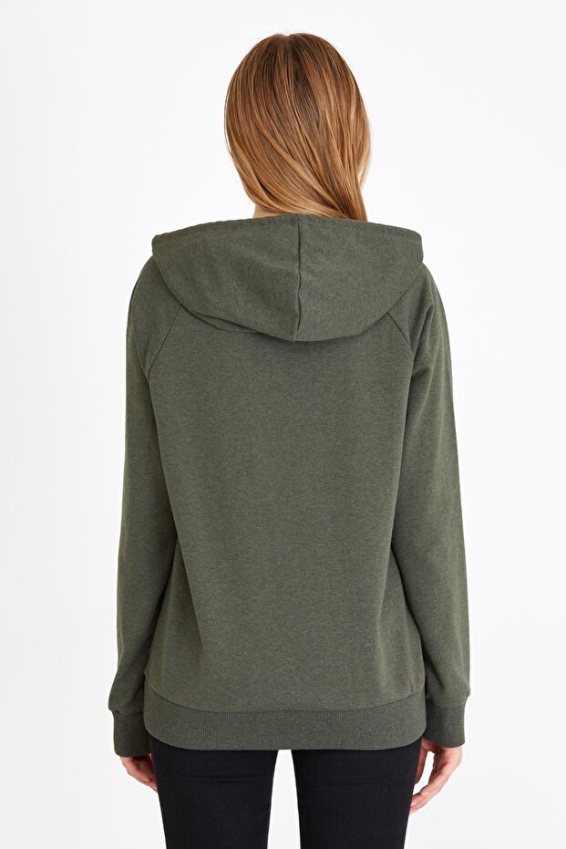 Kadın Haki Renk Kapüşonlu Basic Örme Sweatshirt - 6