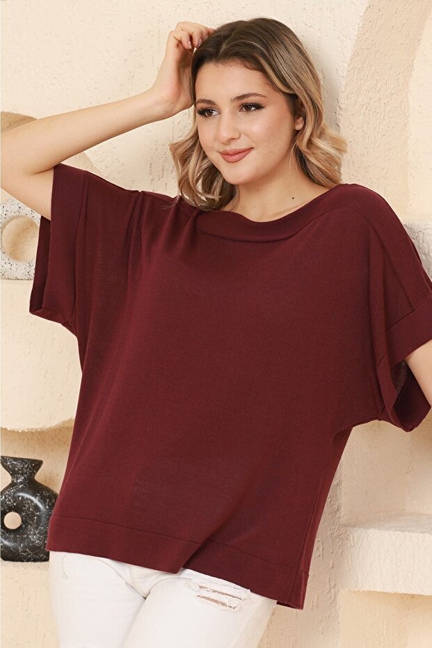Women's Burgundy Boat Neck Oversize Fine Knit Blouse