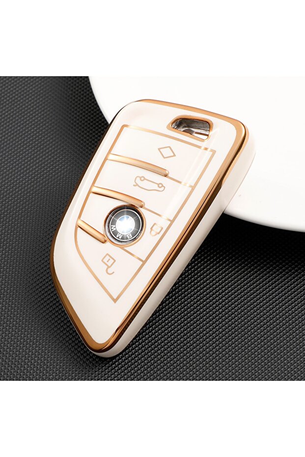 Bmw Keychain White Color Gold Detailed Key Case TPU Stylish Design G X Series Compatibility Car Keychain