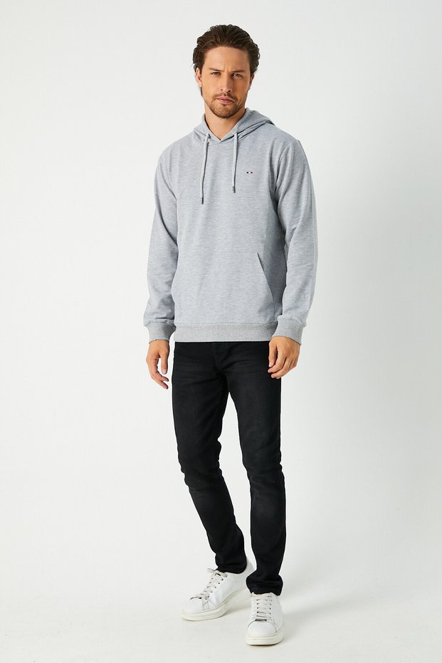 Men's Gray Hooded Sweatshirt with Embroidery Detail
