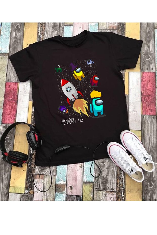 Among Us Printed Unisex Kids Black Short Sleeve T-shirt