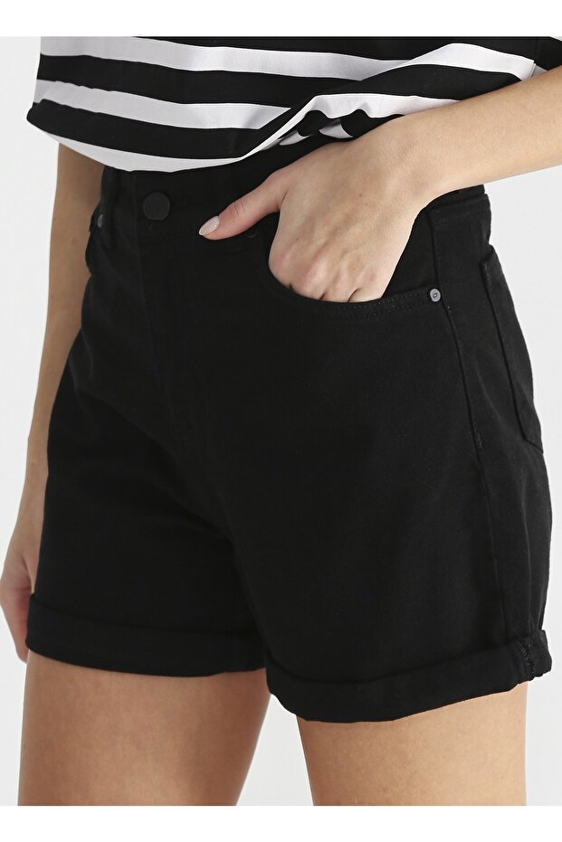 Normal Bel Basic Siyah Kadın Şort Karınta - 4