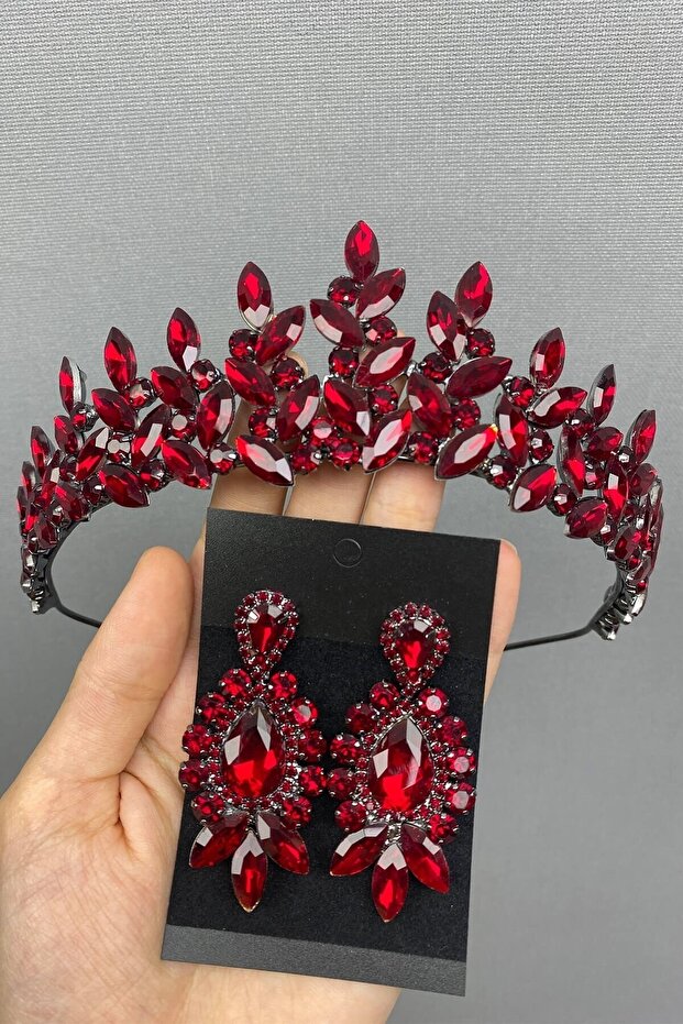 Claret Red Subra Model Bridal Henna Crown and Earrings