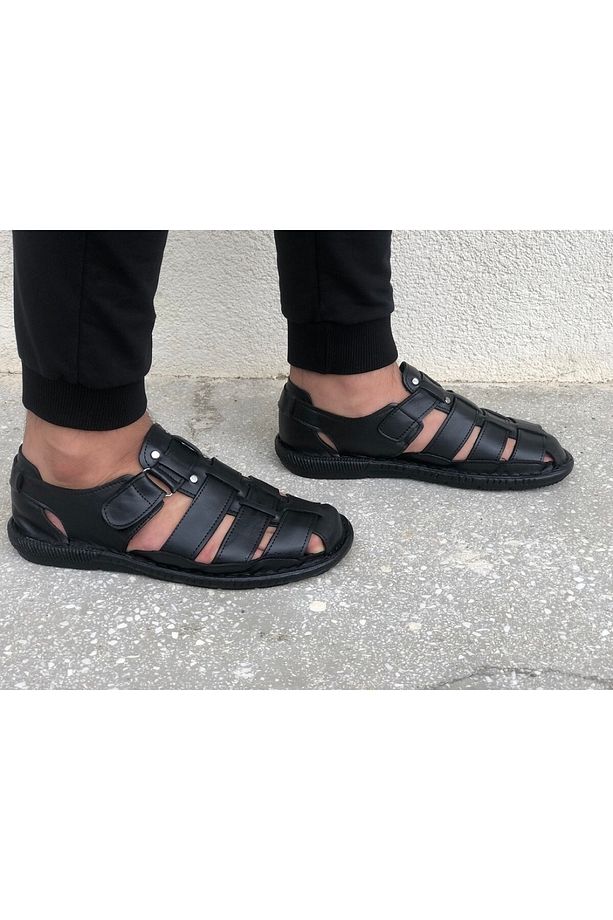 Hakiki Deri Önü Kapalı Ortopedik Yastıklı Dikişli Sandalet Baba Ayakkabı - 2