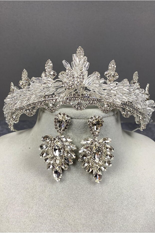 طقم تاج زفاف من الكريستال الفضي لينا وأقراط من حجر المكوك