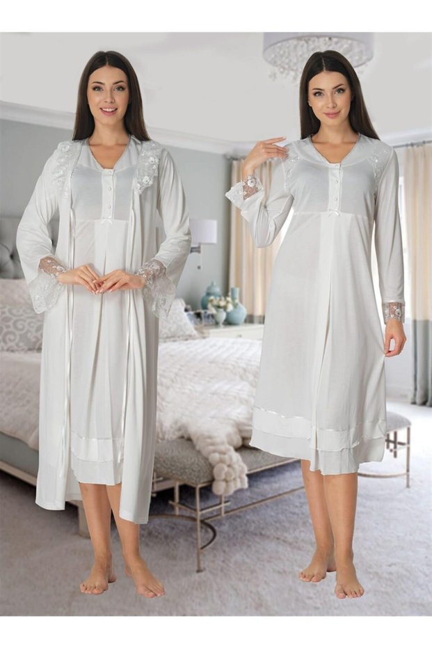 Effort Ecru Lace Detailed Long Sleeve Maternity Homewear Dressing Gown Set