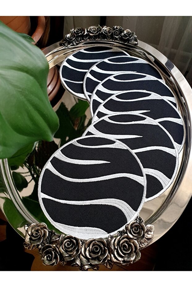 Zebra Pattern Embroidered Gardenia Linen Fabric Cocktail Napkin, Coasters Set of 6