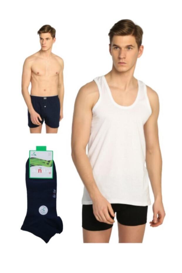Men's Combed Cotton Undershirt Towel Waist Boxer Dündar Socks Underwear Set