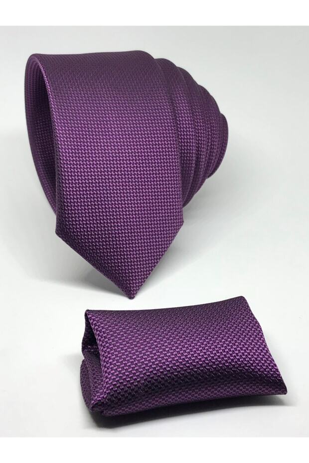 Slim Fit Oxford Bird Eye Pattern Tie with Purple Handkerchief