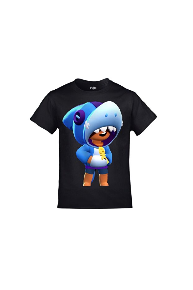 Unisex Kids Black Brawl Stars Shark Leon Printed T-Shirt