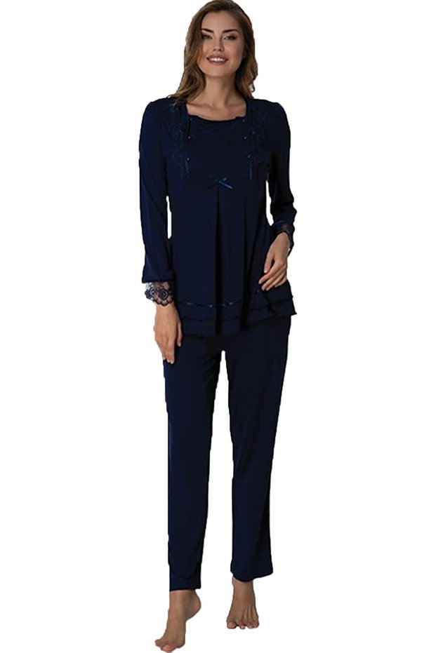 Effort Navy Blue Adjustable Waist Long Sleeve Maternity Pajamas Set