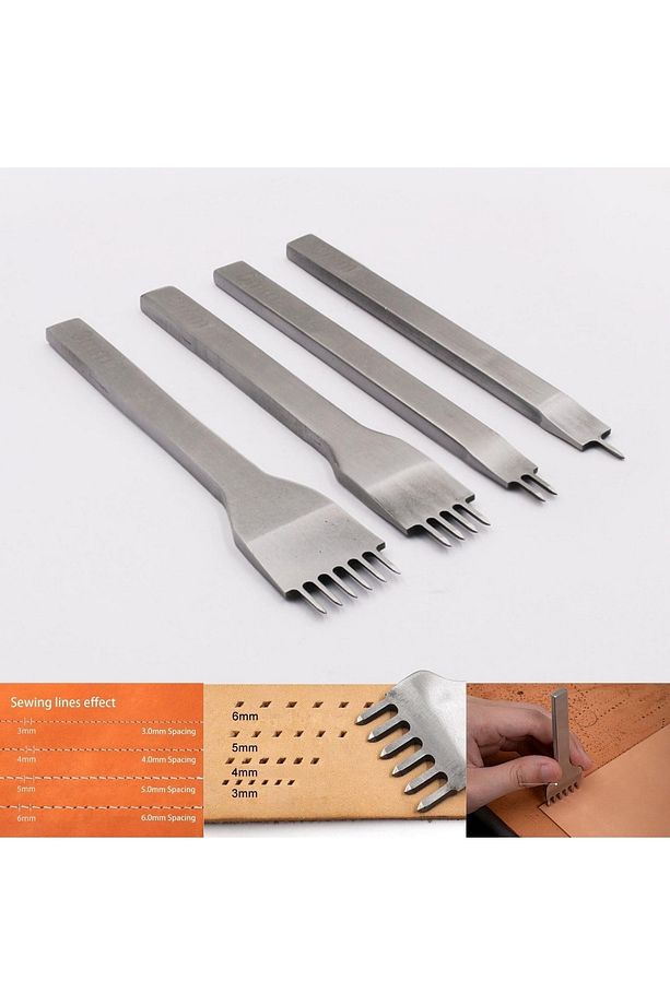 3 Mm Çapraz Çatal Zımba 4'lü Set, Deri Hobi Için 1'li, 2'li,4'lü Ve 6'lı Zımba Deri El Aleti - 3