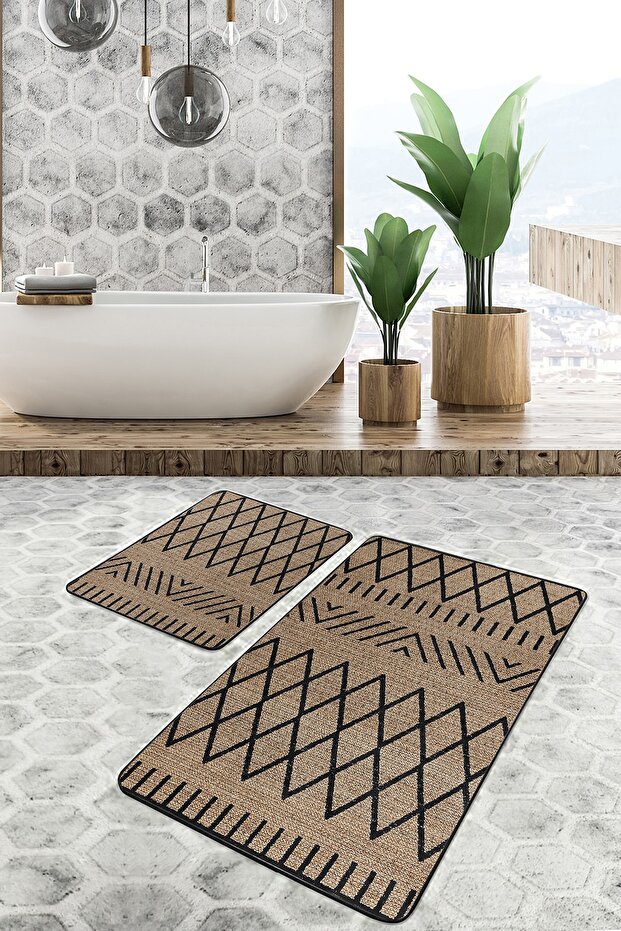 Black - Brown Straw Motif Ethnic Geometric Ethnic Motifs 2-Piece Bath Mat Set on the Floor