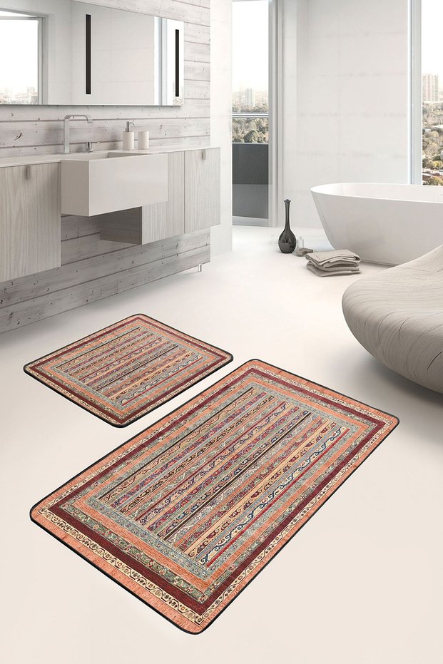 Set of 2 Traditional Avangarde Ethnic Motifs with Rug Motif on Beige Floor Set of 2 Bath Mat