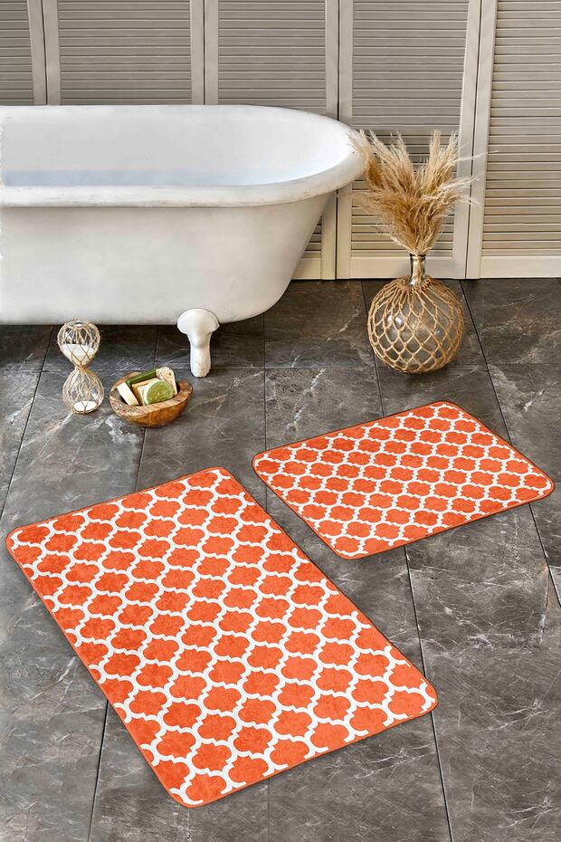 Set of 2 Geometric Simple & Stylish 2-Piece Bath Mat Set with Ogea Motif and Morrocan Pattern on Orange Floor