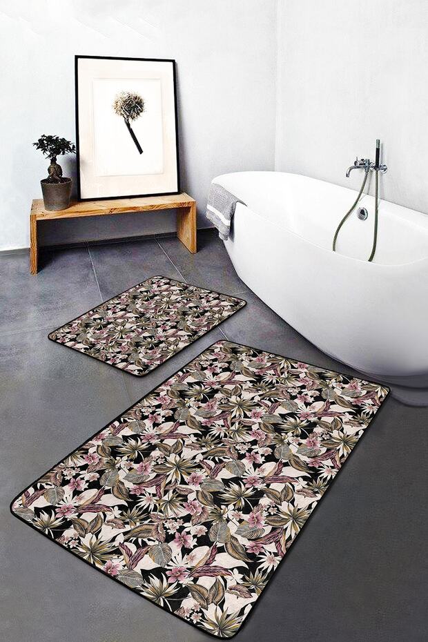 2-Piece Black Floor Floral Motif Floral Patterned Simple & Stylish 2-Piece Bathroom & Kitchen Mat Set