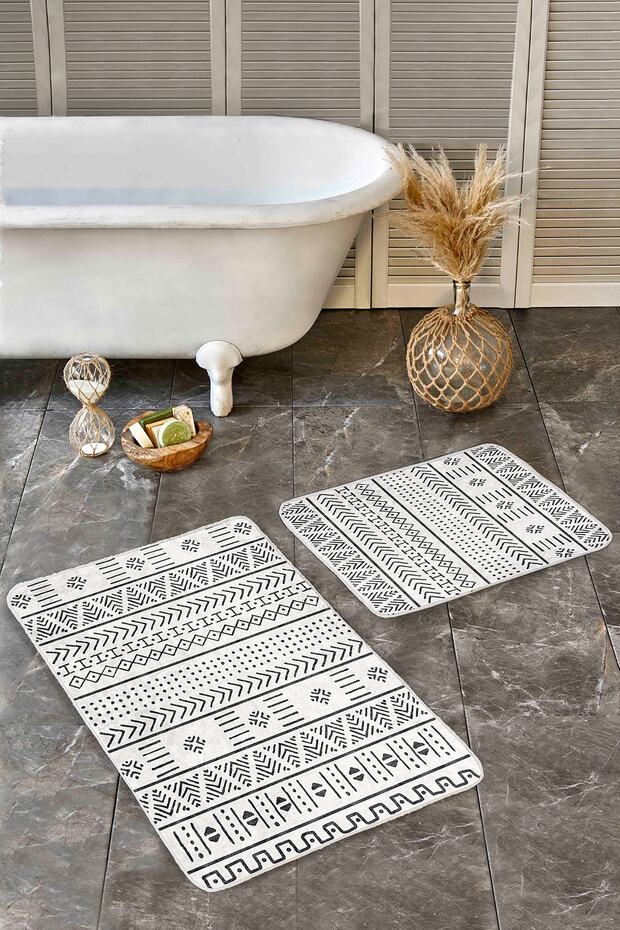 Geometric 2-Piece Bathroom Kitchen Mat Set with Ethnic Motifs on Beige Black Floor