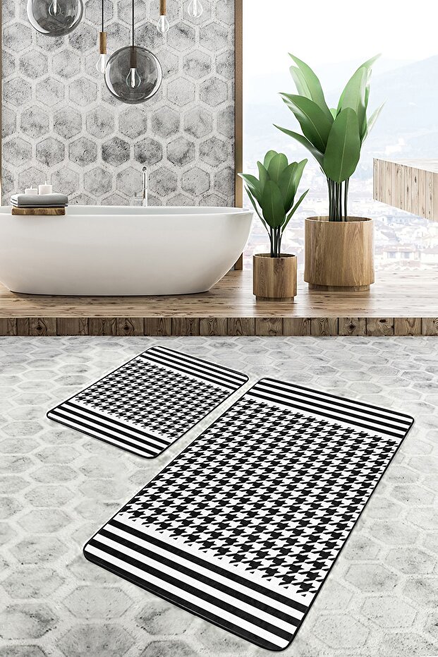 Black - White Geometric Geometric Classic 2-Piece Bathroom & Kitchen Mat Set with Houndstooth Motif on the Floor