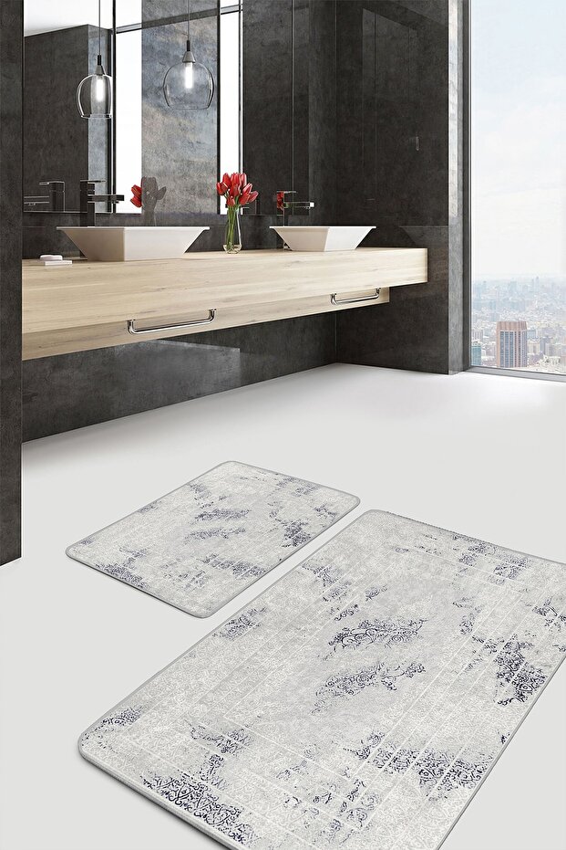 Set of 2 Geometric 2-Piece Bath Mat Set with Framed Motif on Gray Floor