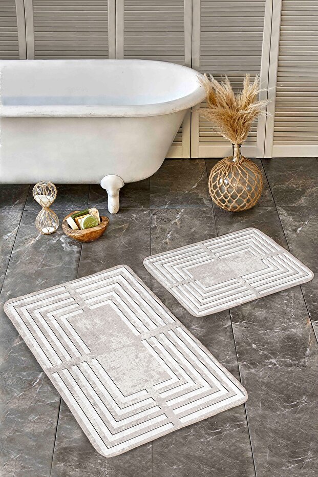 Antique Patterned Geometric Classic 2-Piece Bathroom & Kitchen Doormat Set with Framed Motifs on Cream Floor