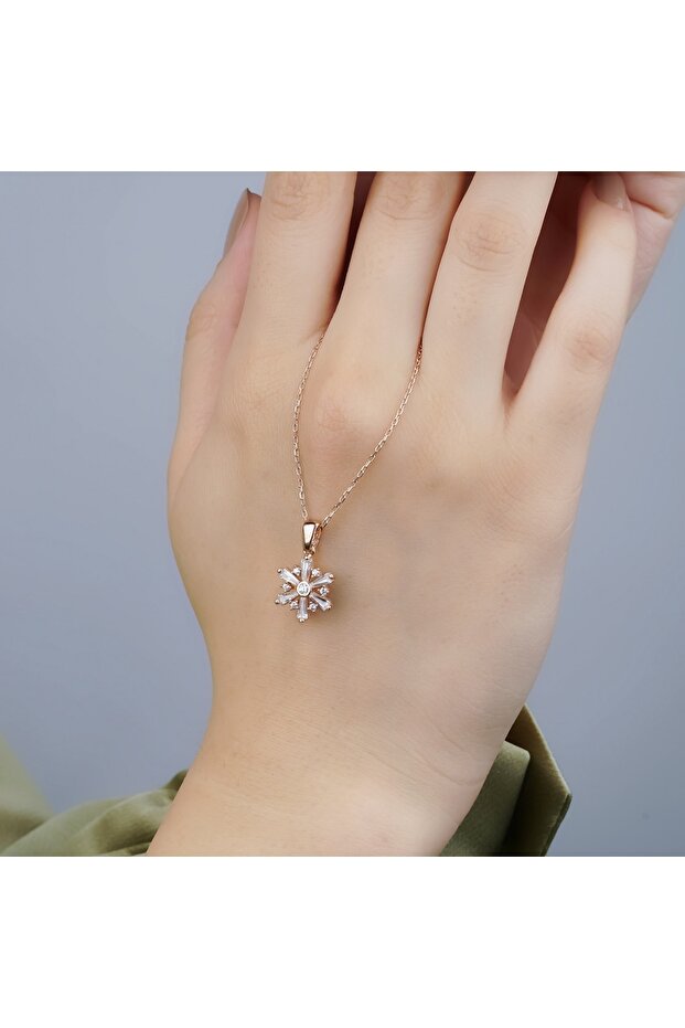 Rose Rengi Minimal Kar Tanesi Kolye 925 Ayar Gümüş - 1