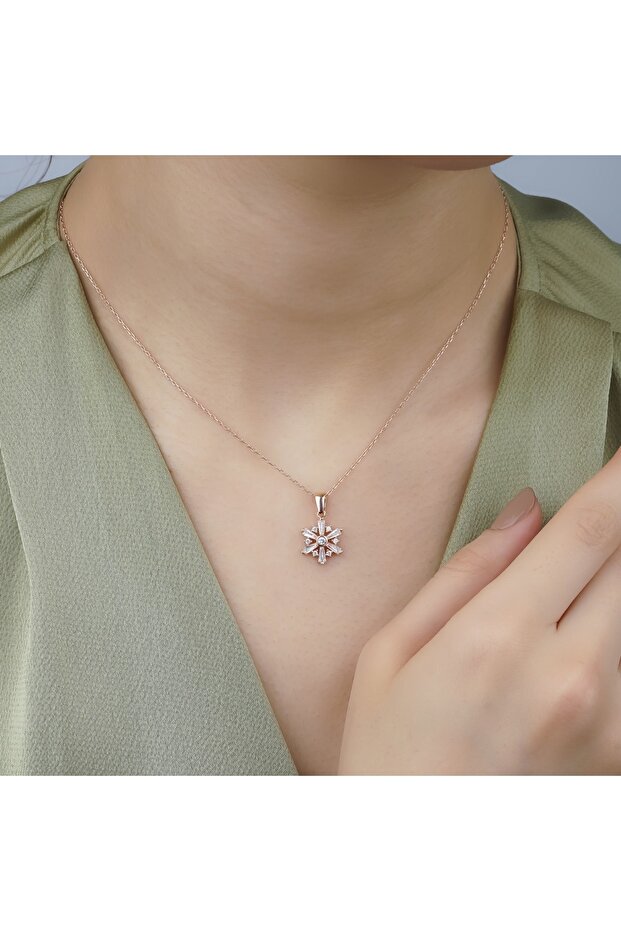 Rose Rengi Minimal Kar Tanesi Kolye 925 Ayar Gümüş - 2