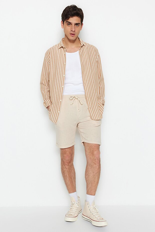 Ekru Normal Kesim/Regular Fit %100 Pamuk Keten Görünümlü Şort TMNSS23SR00030 - 7