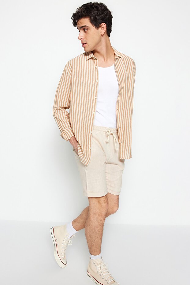 Ekru Normal Kesim/Regular Fit %100 Pamuk Keten Görünümlü Şort TMNSS23SR00030 - 8