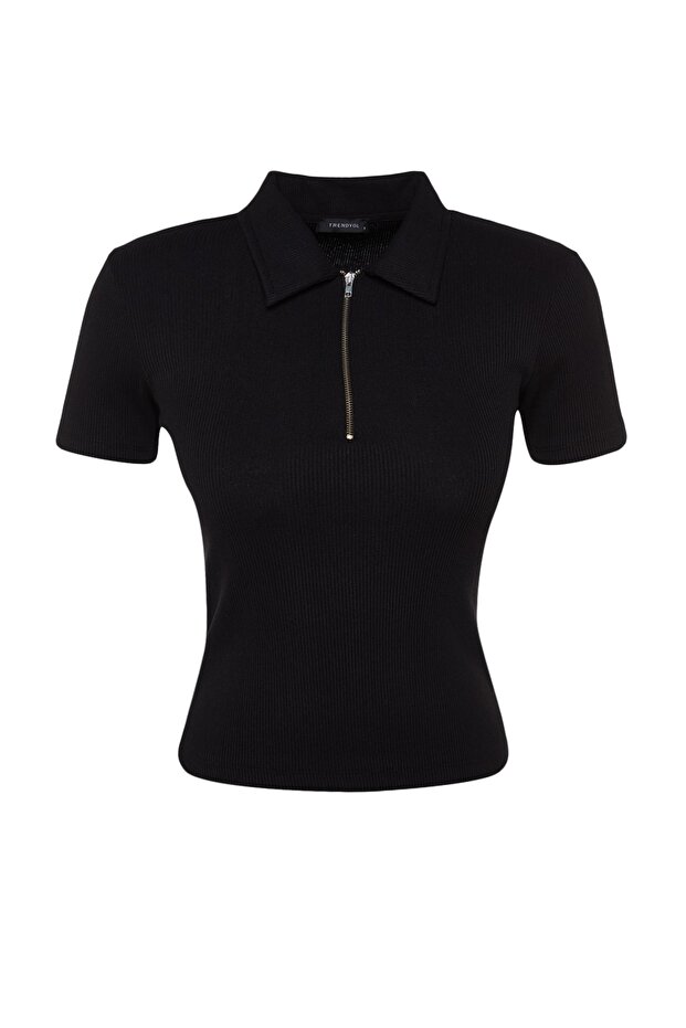 Siyah Fermuar Detaylı Fitted/Vücuda Oturan Polo Yaka Fitilli Esnek Örme Bluz TWOSS23BZ00496 - 6