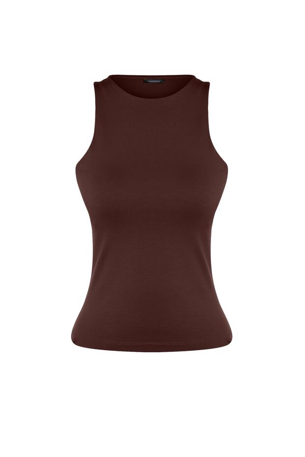 Kahverengi Pamuklu Halter Yaka Fitted/Vücuda Oturan Esnek Örme Atlet TWOSS23AL00069 - 7
