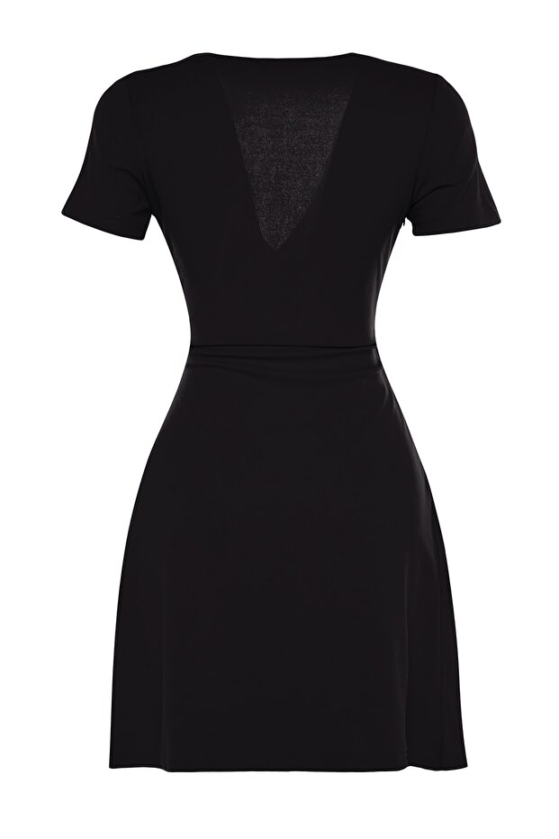 Siyah Kruvaze Yaka A-Line Krep Mini Smart Örme Elbise TWOSS23EL01703 - 8