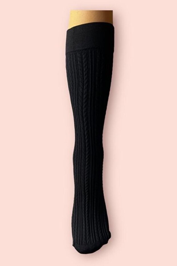 Women's Knit Black 200 Denier Thick Winter Self Patterned Knee Length Trousers Socks