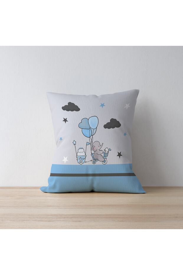 Blue Elephant Patterned Children's Room 3-Piece Throw Pillow Cover Tlakr-098