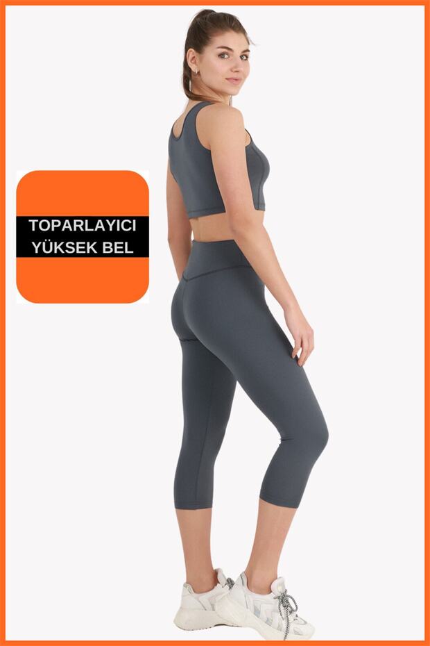 Women's Anthracite Sports Set Capri Leggings and Crop Undershirt Set of 2 New Season Seasonal Capri -crop 3020