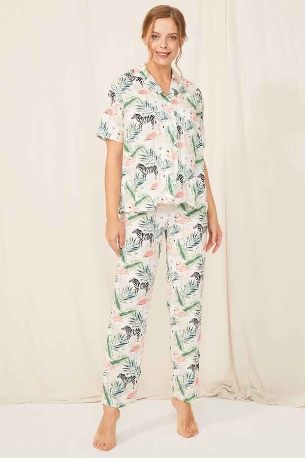 New Season Short Sleeve Front Buttoned Woven Viscose Fabric Shirt-pants 2-Piece Women's Pajamas Set