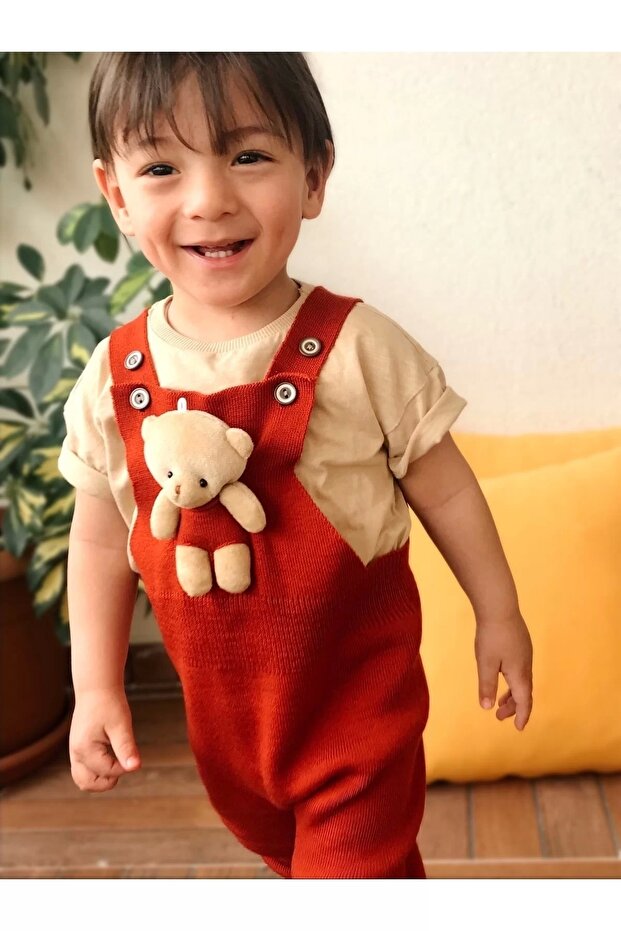Buttoned Baby Kids Knitwear Salopet Tile with Teddy Bear