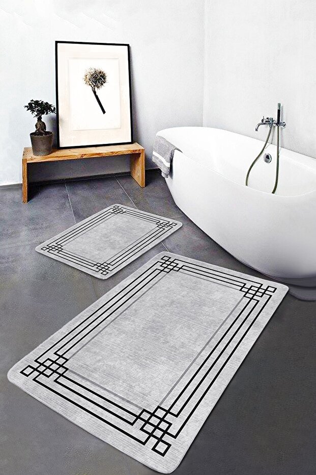 Gray - Black Framed on the Floor Classic Geometric Simple & Stylish 2-Piece Bathroom & Kitchen Mat Set