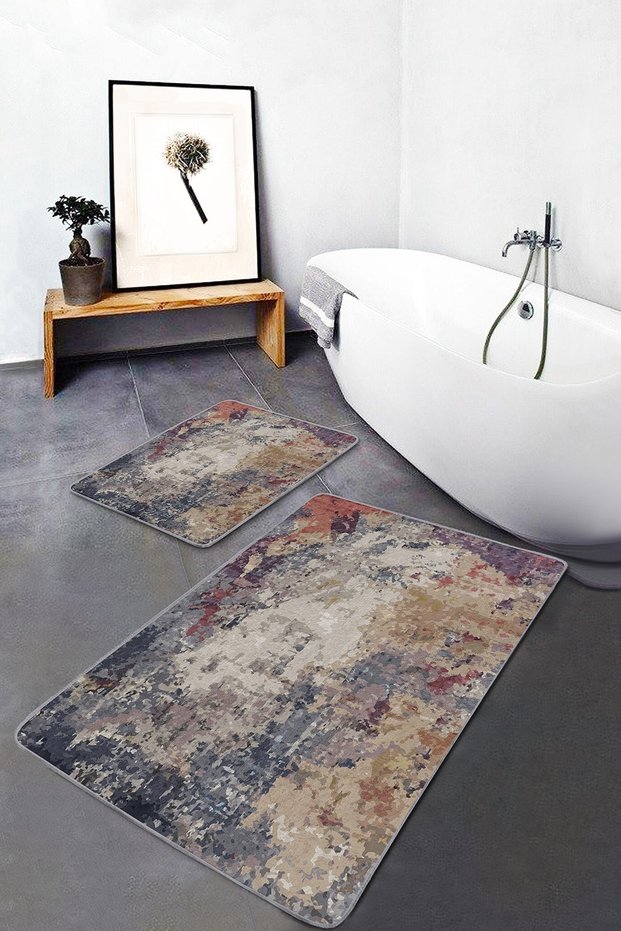 Set of 2 Modern 2-Piece Bathroom Mat Set with Watercolor Motif on Canvas Floor and Antique Antique Motif