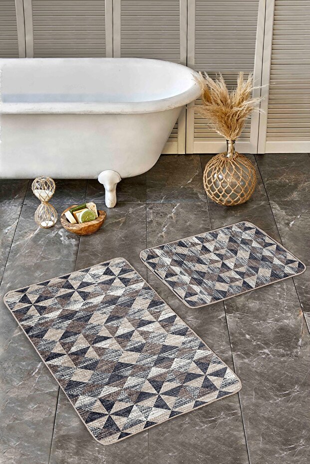 2-Piece Bathroom Mat Set with Geometric Motif, Triangle Pattern and Antique Motif on Brown Black Floor