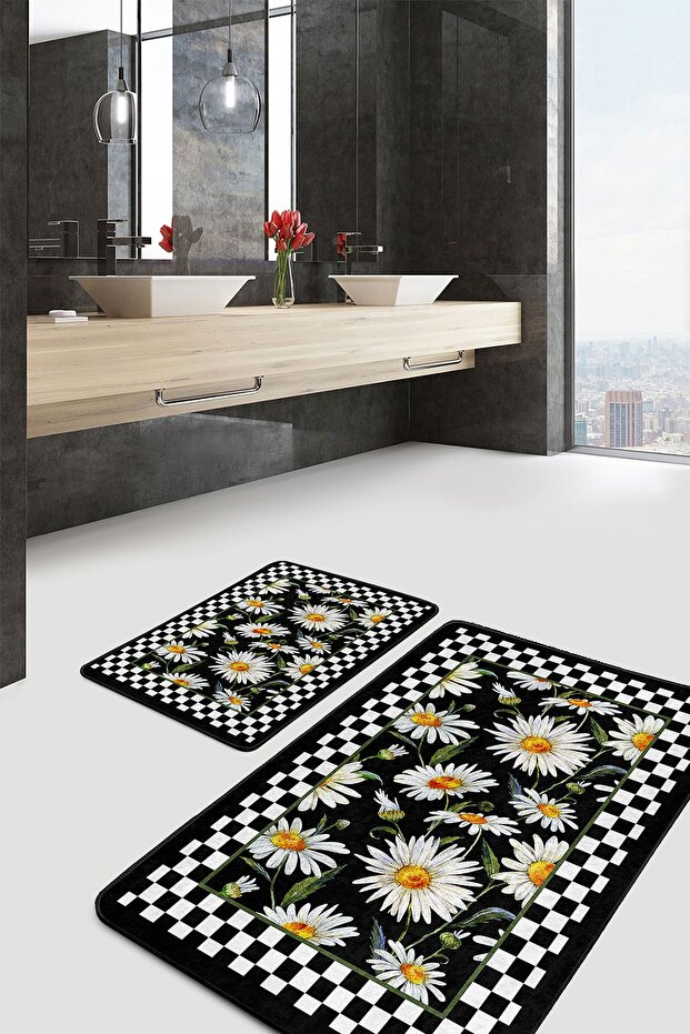 Black - White Framed Motif Daisy Floral on a Floor Simple & Stylish 2-Piece Bathroom & Kitchen Mat Set