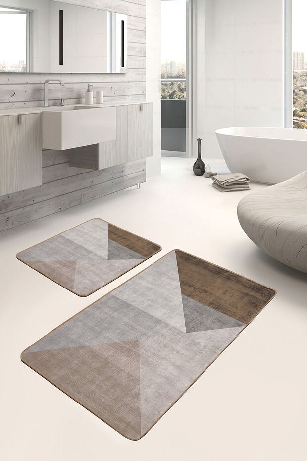 Brown - Triangle with Geometric Motifs on Gray Floor Simple Stylish Geometric 2-Piece Bathroom Kitchen Mat Set