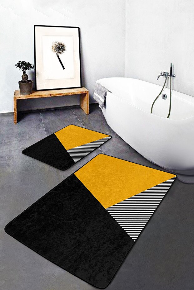 Yellow - Modern Motif Geometric on Black Floor Simple & Stylish 2-Piece Bathroom & Kitchen Mat Set