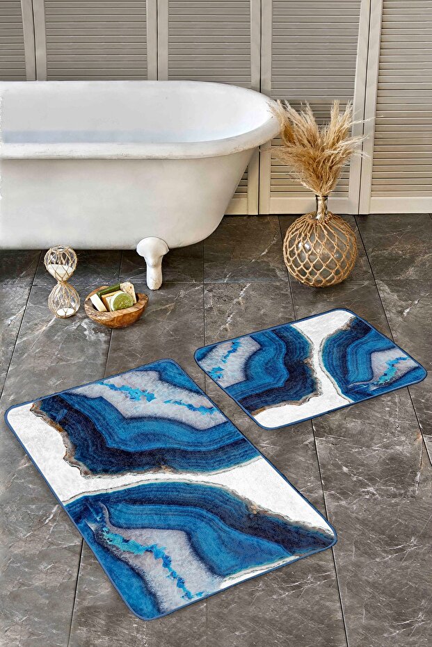 Navy Blue - Canvas Motif Painting on White Background Modern Simple & Stylish 2-Piece Bathroom & Kitchen Mat Set